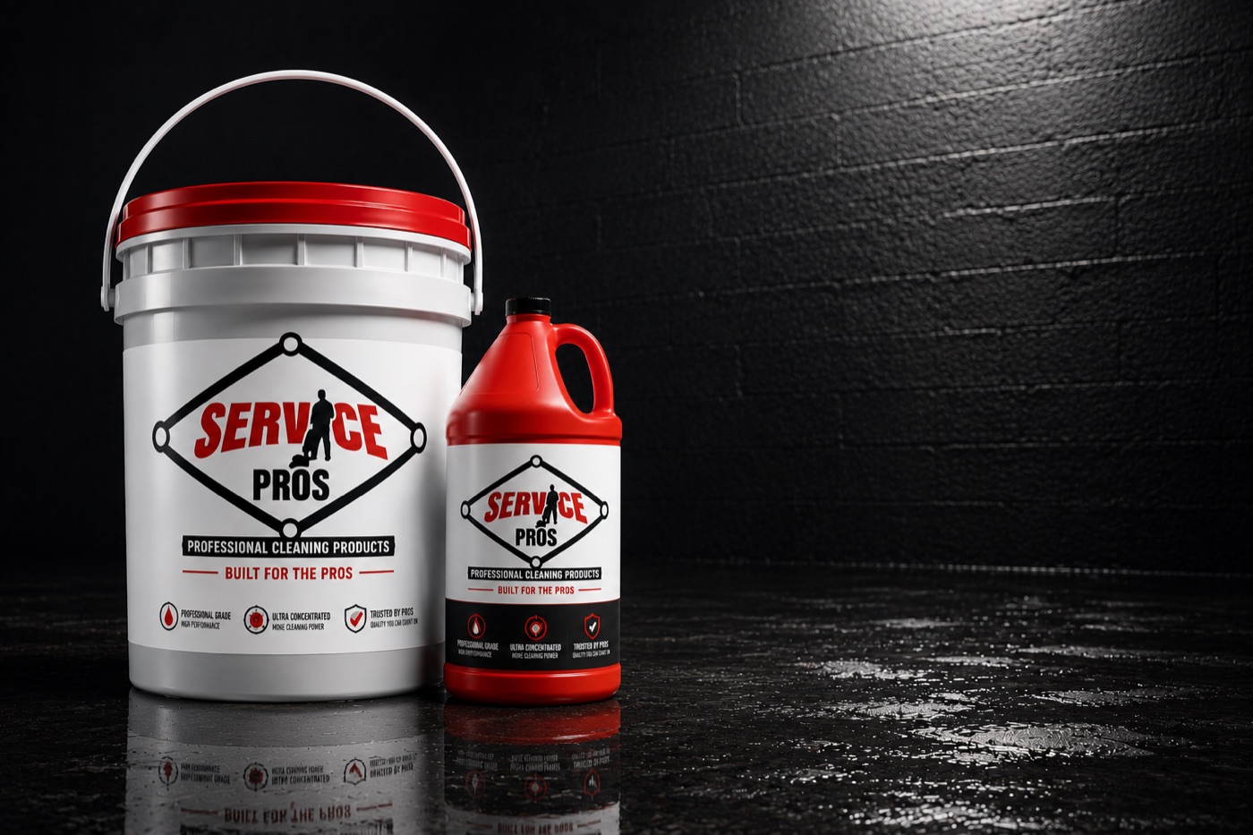 Service Pros professional cleaning products — 5 gallon bucket and 1 gallon jug, Built for the Pros